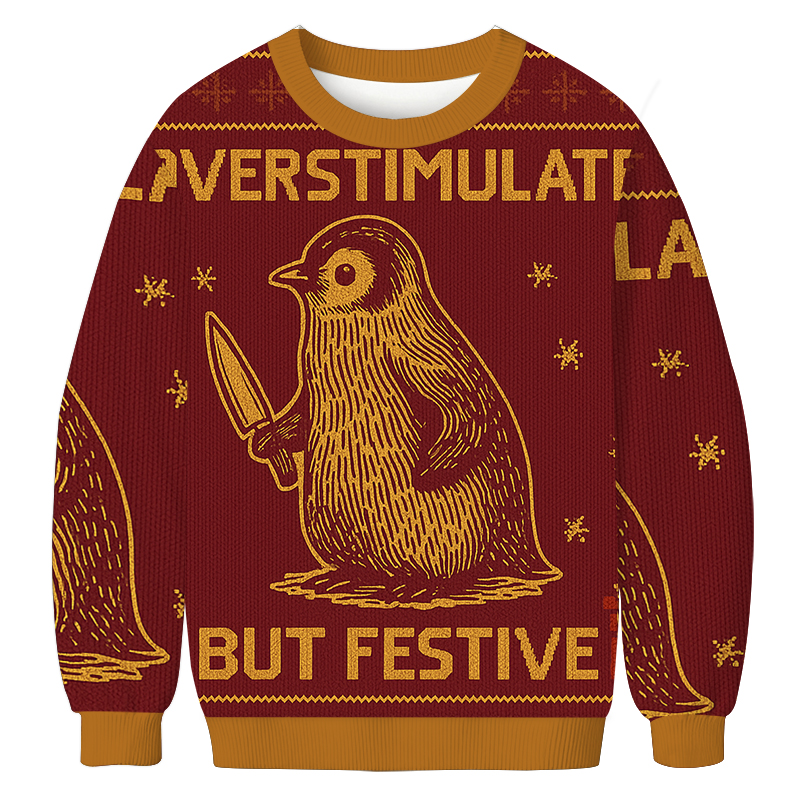 Tokyocanvas Penguin Overstimulated but Festive Christmas Ugly Sweatshirt