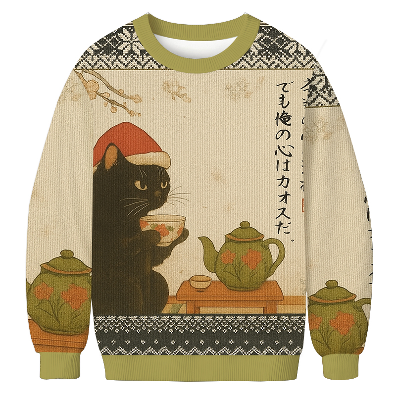 Tokyocanvas Black Cat Drinking Tea Christmas Ugly Sweatshirt