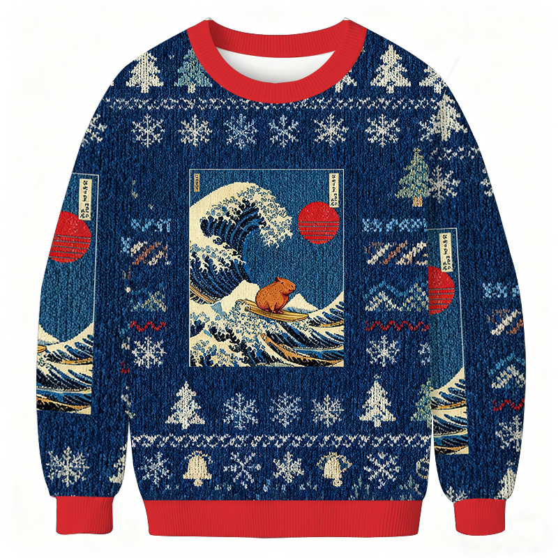 Tokyocanvas Capybara Surfing Christmas Ugly Sweatshirt