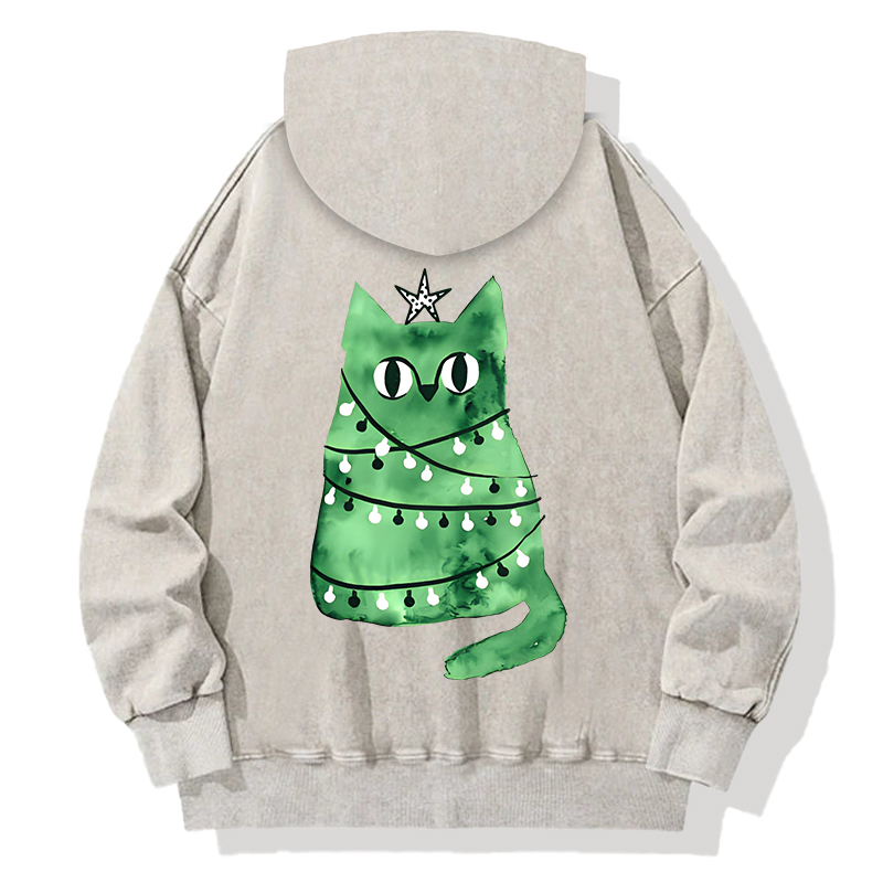 Tokyocanvas Watercolor green Christmas cat Back Washed Hoodie
