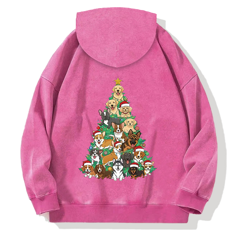 Tokyocanvas Christmas Tree Dog Funny Back Washed Hoodie