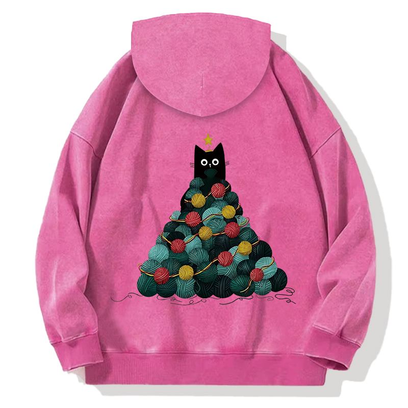 Tokyocanvas Yarn Christmas Tree Cat Back Washed Hoodie