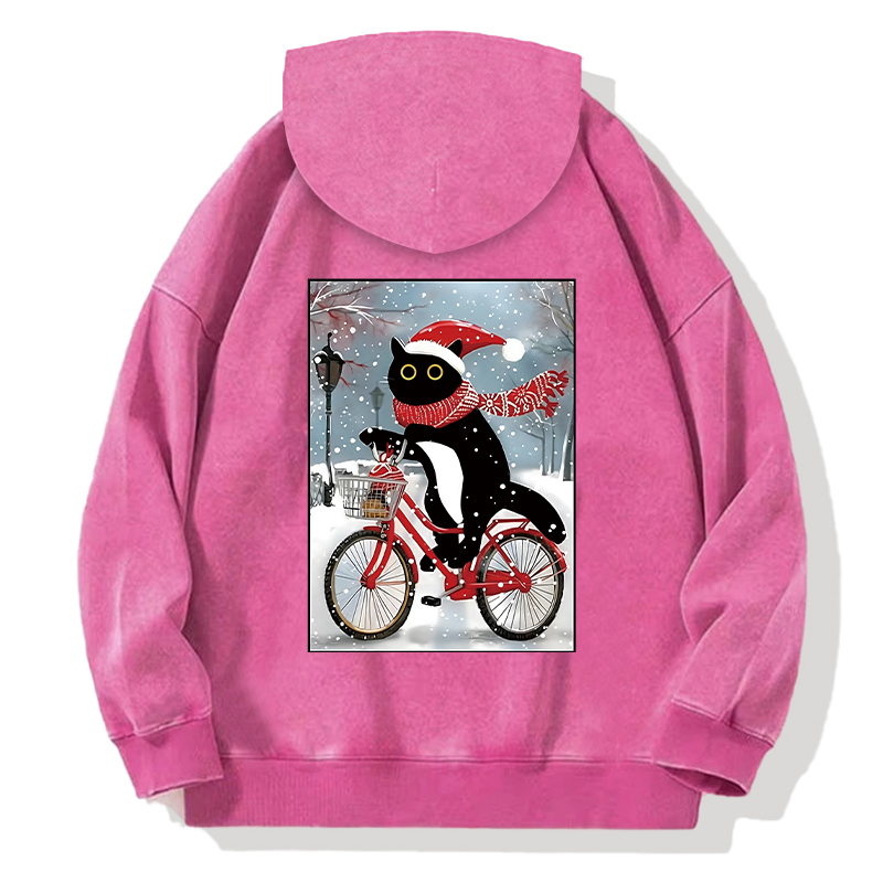 Tokyocanvas Black Cat Riding A Bicycle Back Home Back Washed Hoodie