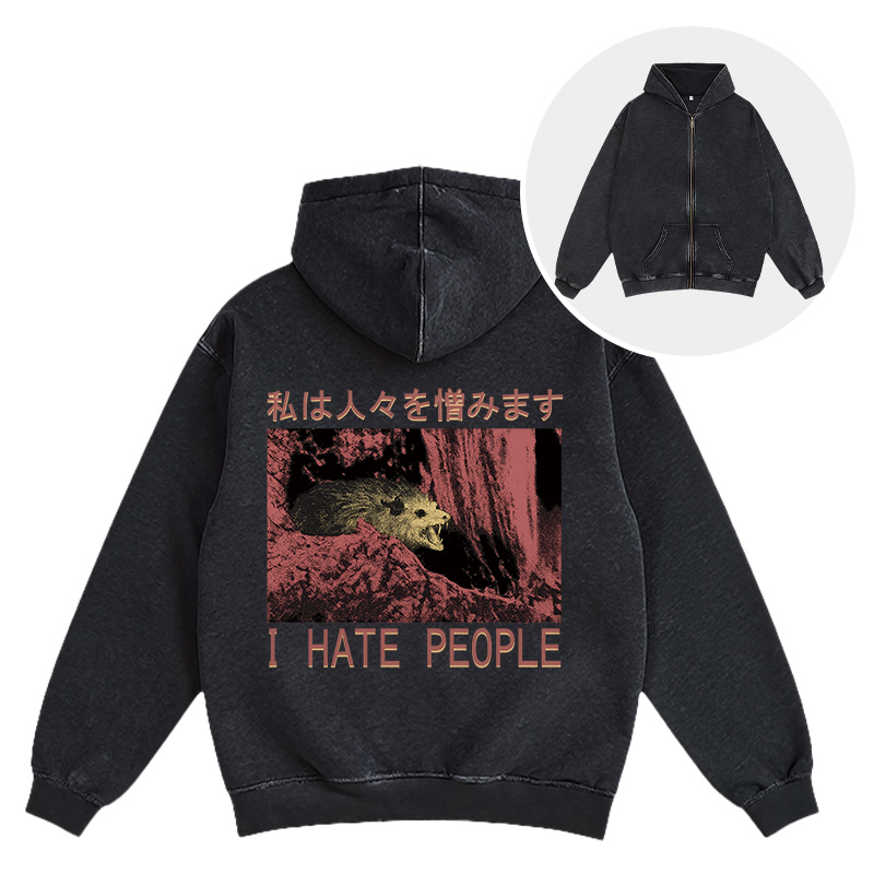 Tokyocanvas I Hate People Opossum Washed Zip Hoodie