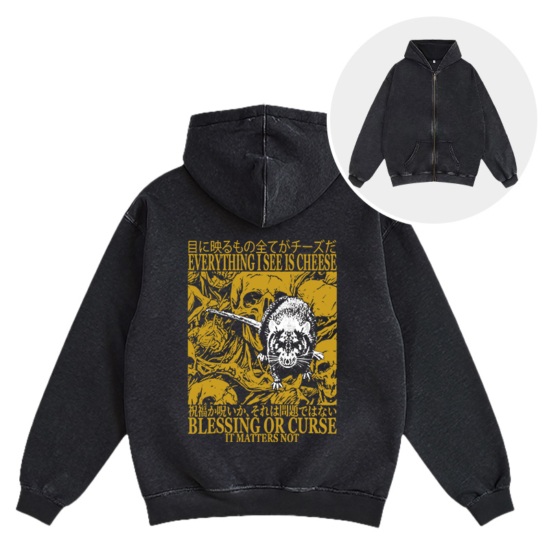 Tokyocanvas Everything I See is Cheese Vintage Japanese Rat Washed Zip Hoodie