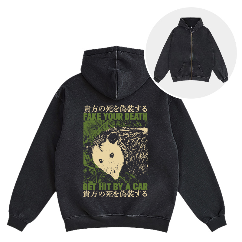 Tokyocanvas Fake Your Death Opossum Washed Zip Hoodie