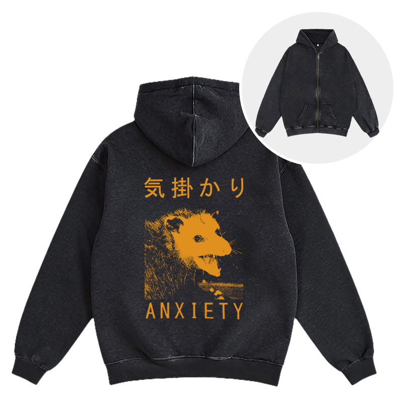 Tokyocanvas Anxiety Japanese Opossum Washed Zip Hoodie