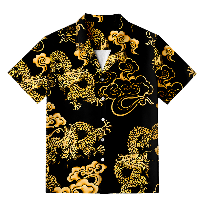 Tokyocanvas Black Gold Oriental Dragon Hawaiian Shirt