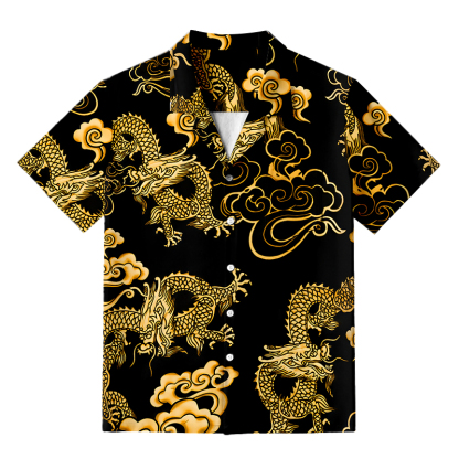 Tokyocanvas Black Gold Oriental Dragon Hawaiian Shirt