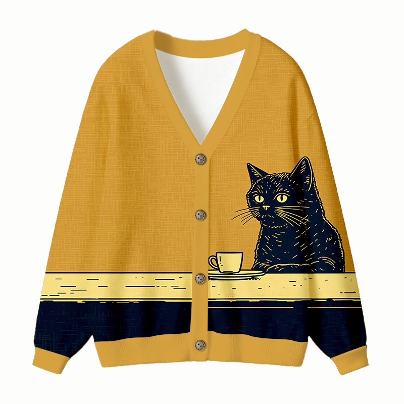 Tokyocanvas Black Cat Waiting for Coffee Ugly Cardigan Sweatshirt