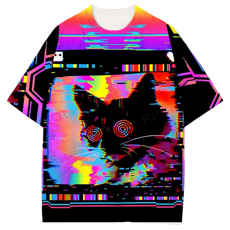 Tokyocanvas Glitchy Cat Vibes Graphic Print T-shirt