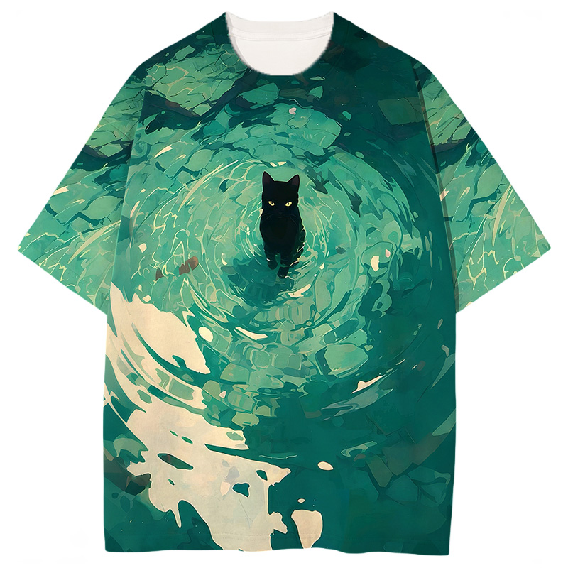 Tokyocanvas Emerald Green Black Cat Graphic Print T-shirt