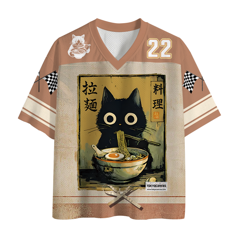 Tokyocanvas Cute Black Cat Eating Ramen Mesh Jersey