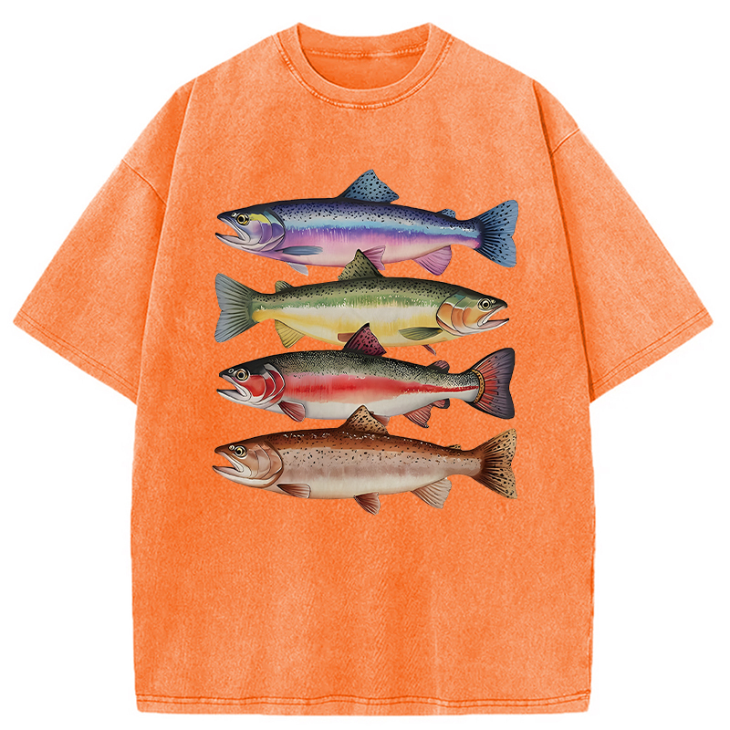 Tokyocanvas Colorful Rainbow Trout Fish Washed T-Shirt