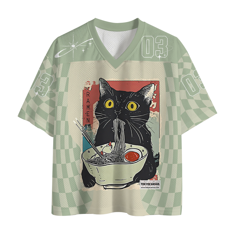 Tokyocanvas Cute Cat Eating Ramen Mesh Jersey