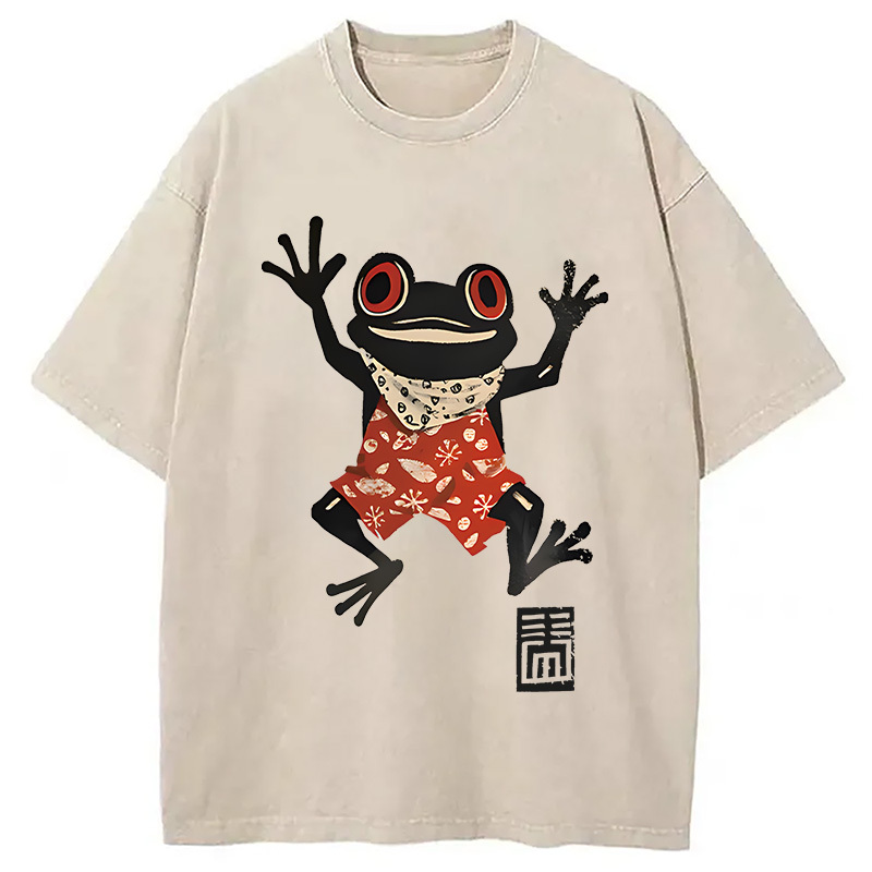 Tokyocanvas Japanese Happy Frog Ukiyoe Washed T-Shirt