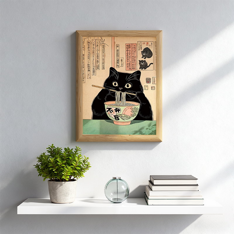 Tokyocanvas Black Cat Eating Noodles Framed Art Print