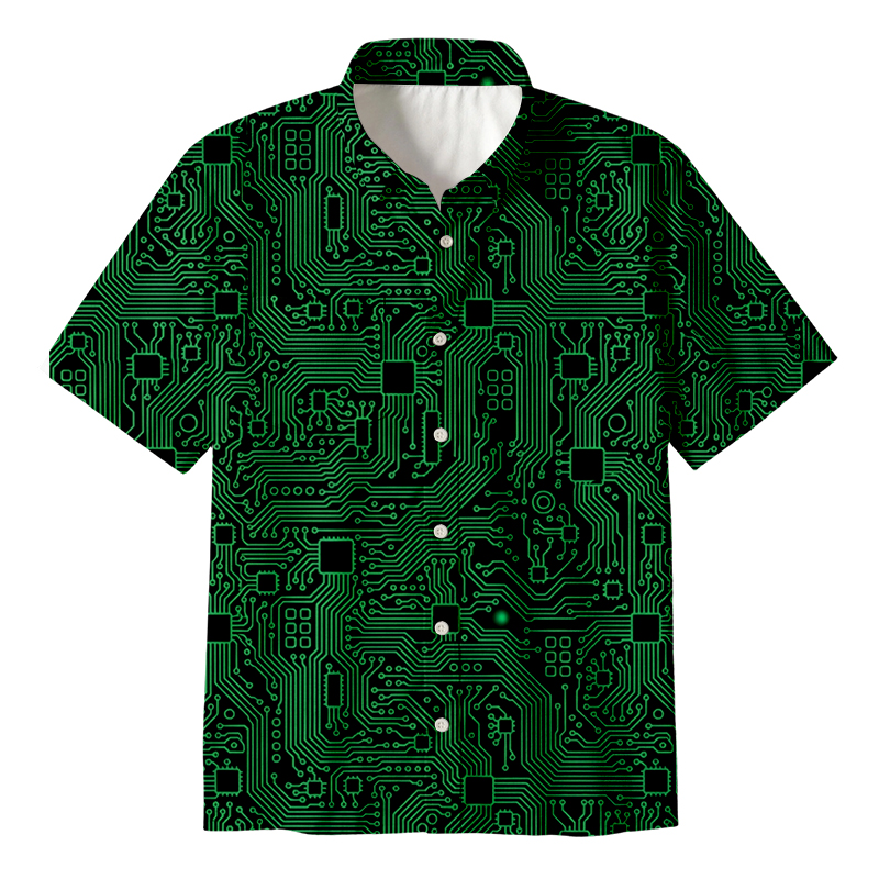 Tokyocanvas Computer Circuit Board Green Button Up Pocket Shirt