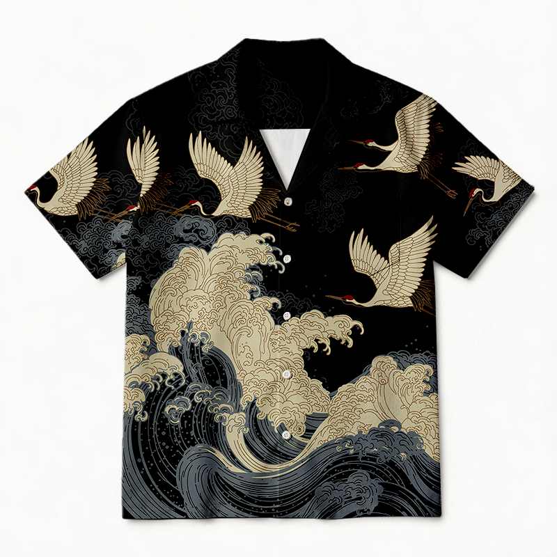 Tokyocanvas Crane Waves Elegance Hawaiian Shirt