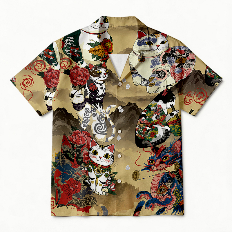 Tokyocanvas Japanese Cat Tattoo Hawaiian Shirt