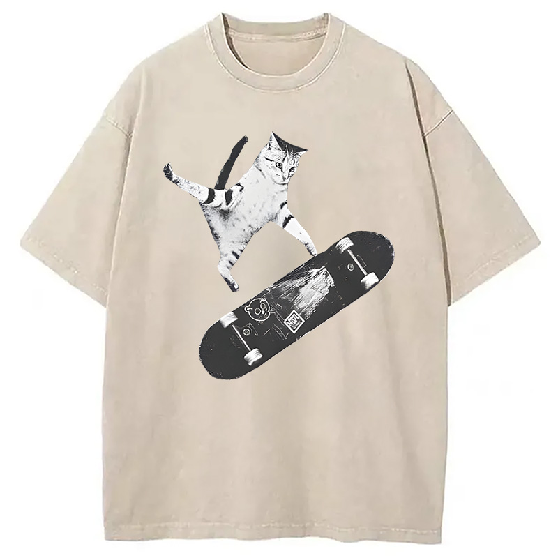 Tokyocanvas Skateboarding Cat Washed T-Shirt