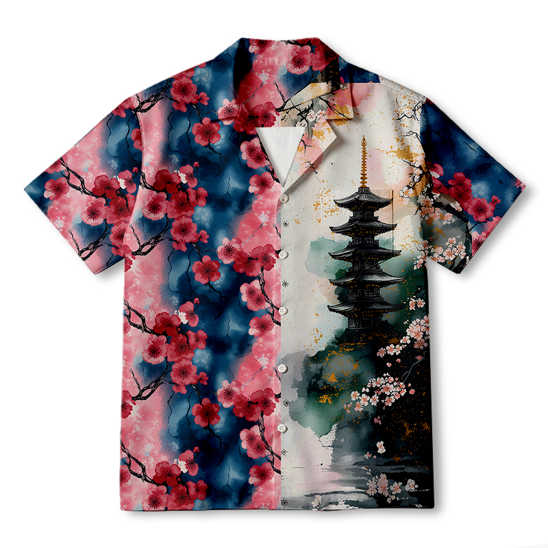 Tokyocanvas Floral Cherry Blossom Pagoda Hawaiian Shirt