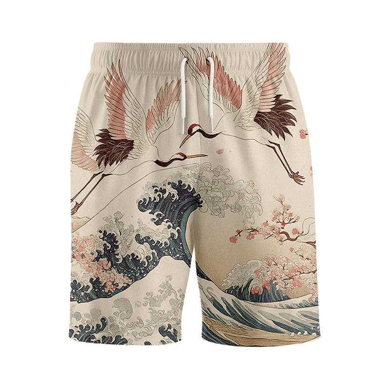Tokyocanvas Cranes Dancing On The Waves Aloha Swim Short