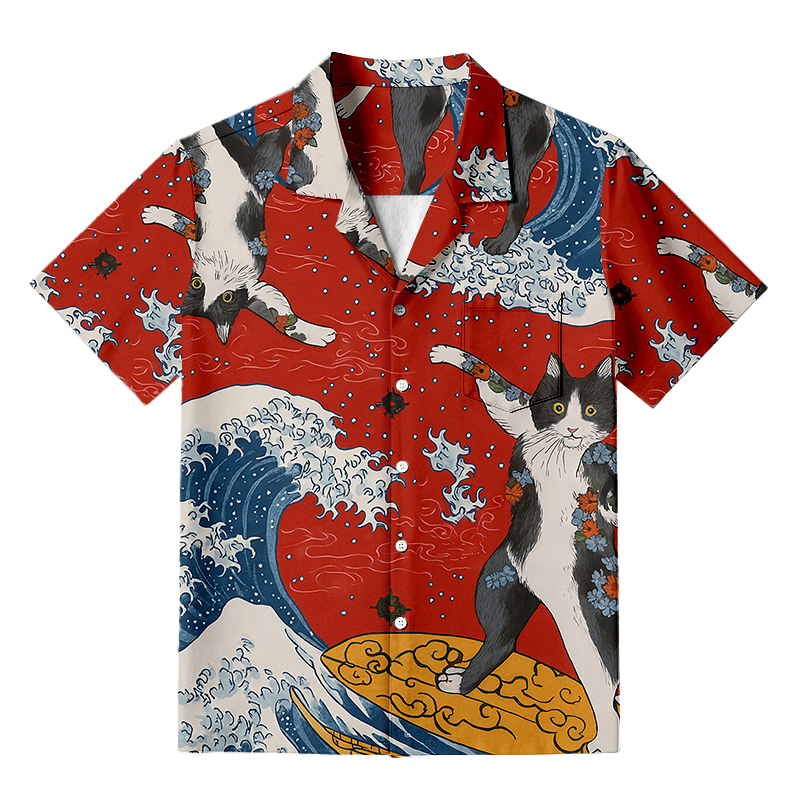 Tokyocanvas Surfing Tattooed Cat Hawaiian Shirt