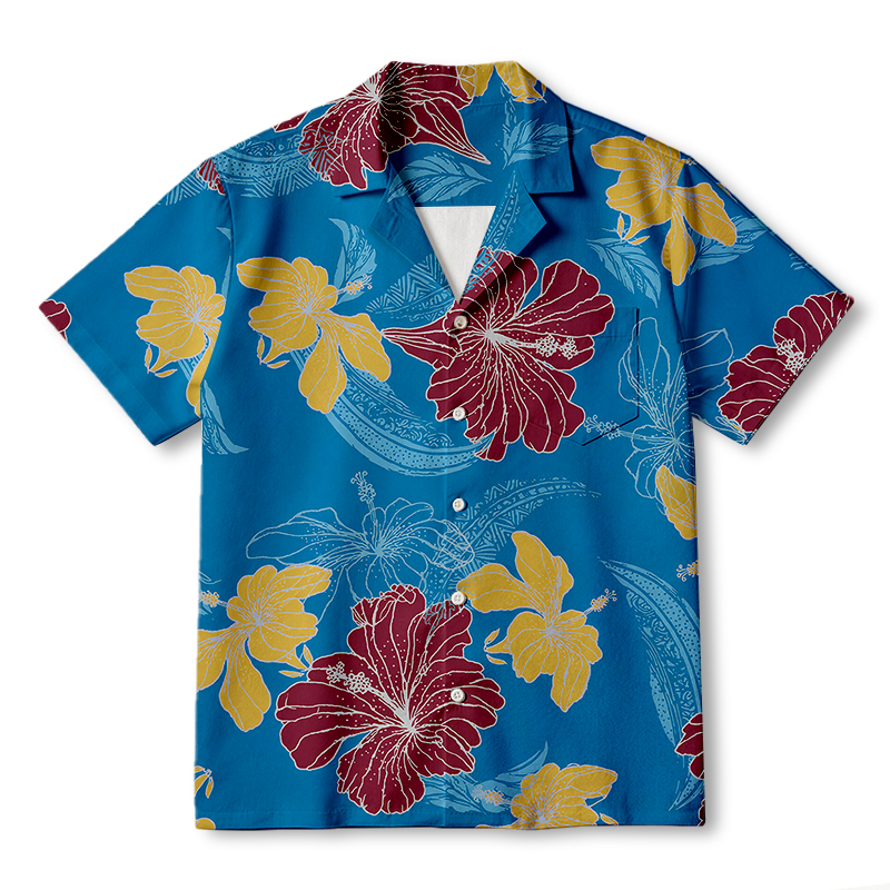 Tokyocanvas Blue Hibiscus Floral Hawaiian Shirt