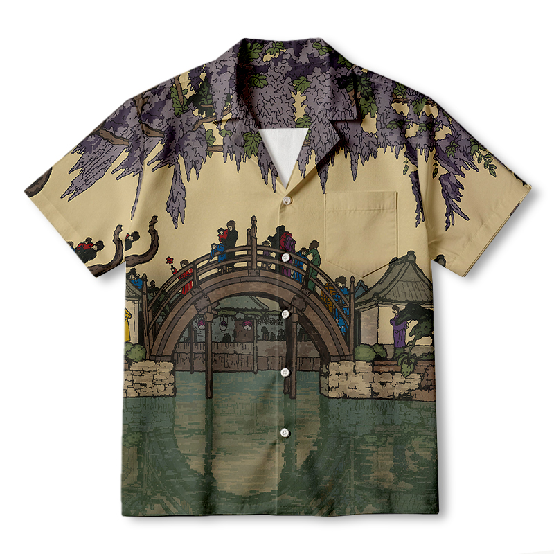 Tokyocanvas Half Moon Bridge And Wisteria Flowers Hawaiian Shirt