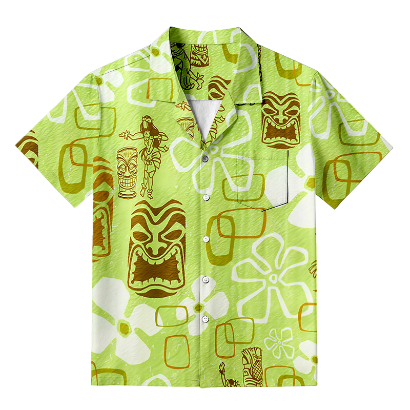 Tokyocanvas Hula Girl & Tiki Seersucker Hawaiian Shirt