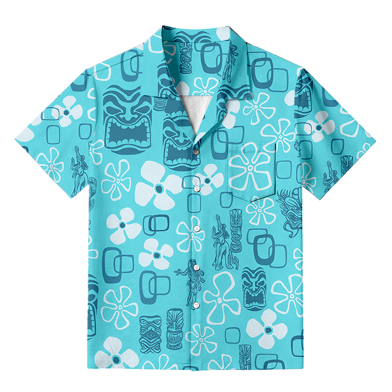 Tokyocanvas Hula Girl & Tiki Seersucker Hawaiian Shirt