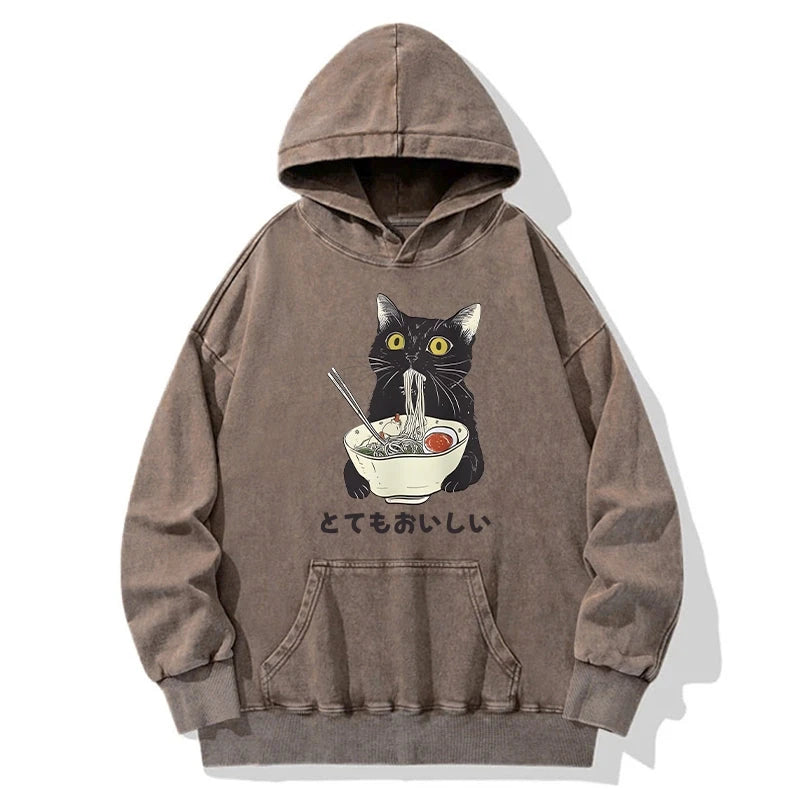 Tokyocanvas Cats Eat Ramen Noodles Washed Hoodie