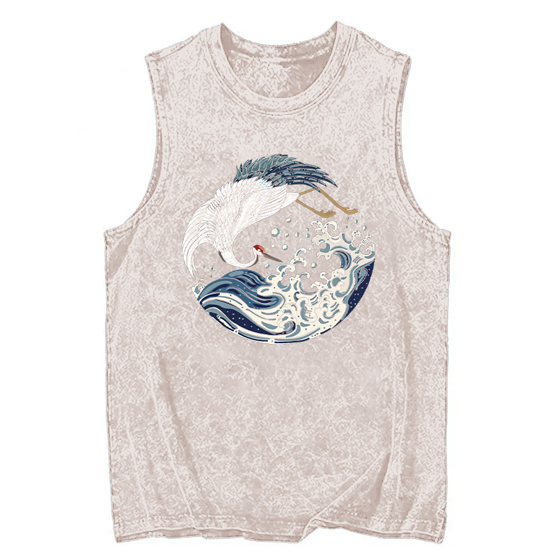 Tokyocanvas Crane Bird Wave Washed Tank