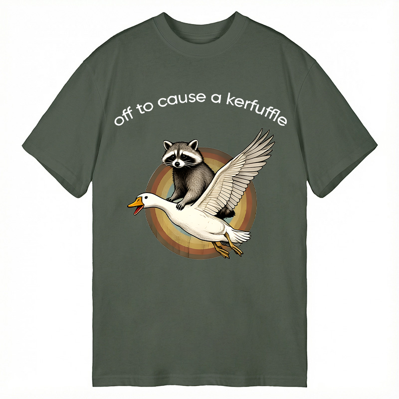 Tokyocanvas Off To Cause A Kerfuffle Funny Raccoon Riding Silly Goose Classic T-Shirt