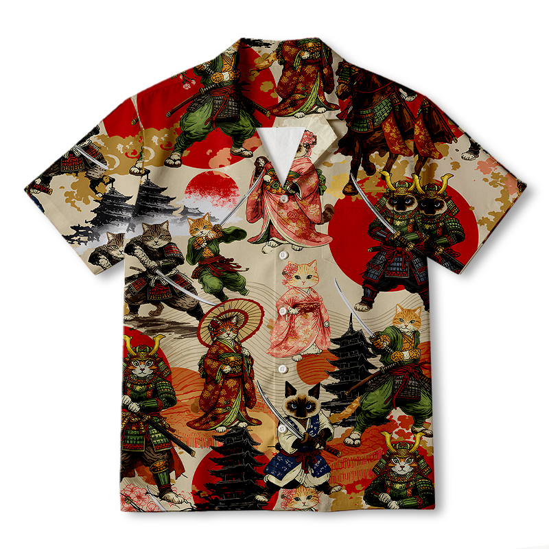 Tokyocanvas Japanese Samurai Cat  Hawaiian Shirt