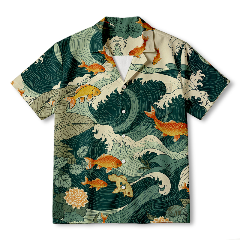 Tokyocanvas Koi Meets Ocean Waves Hawaiian Shirt