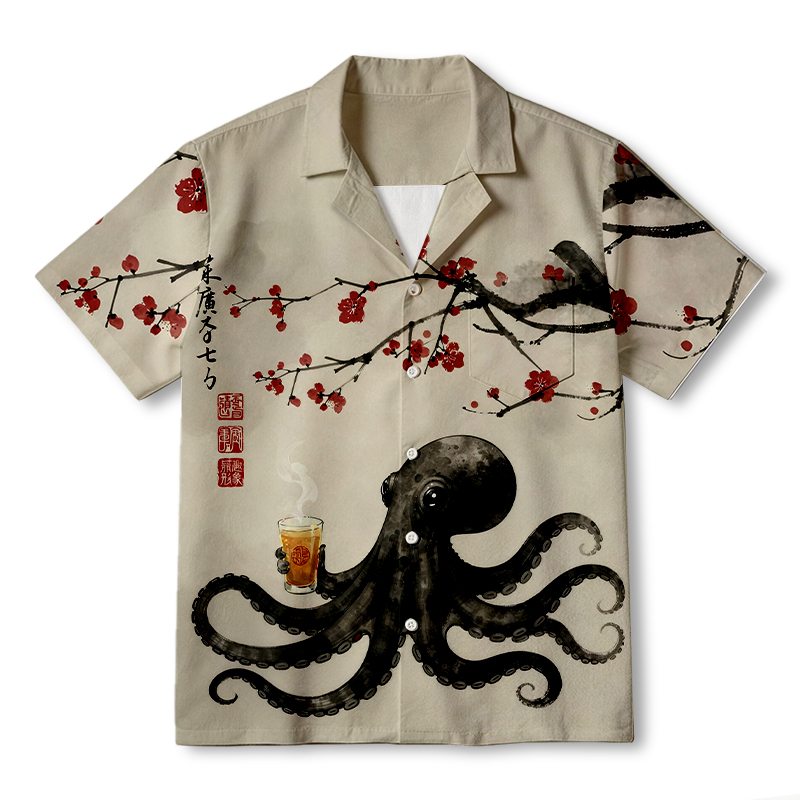 Tokyocanvas Octopus Drinking Tea Under Sakura Hawaiian Shirt