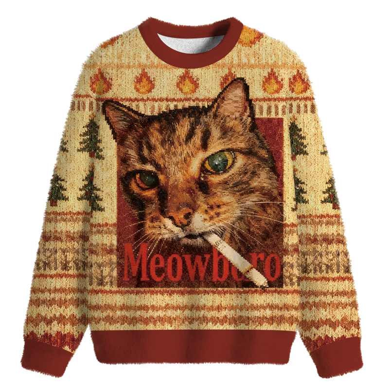 Tokyocanvas Funny Smoking Cat Meme Fuzzy Christmas Ugly Sweatshirt
