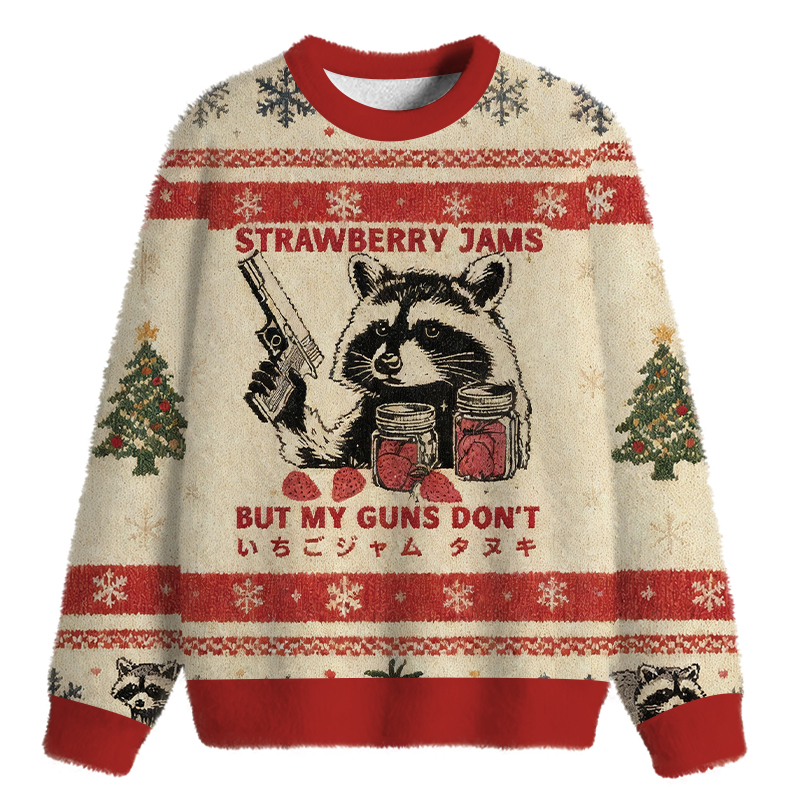 Tokyocanvas Strawberry Jams Funny Raccoon Fuzzy Christmas Ugly Sweatshirt