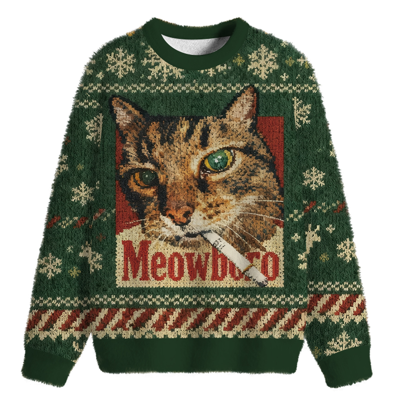 Tokyocanvas Green Funny Smoking Cat Meme Fuzzy Christmas Ugly Sweatshirt