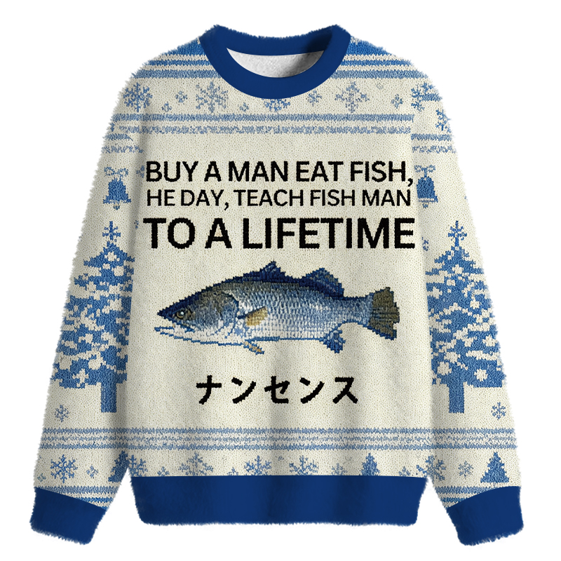 Tokyocanvas Buy a Man Eat Fish Fuzzy Christmas Ugly Sweatshirt