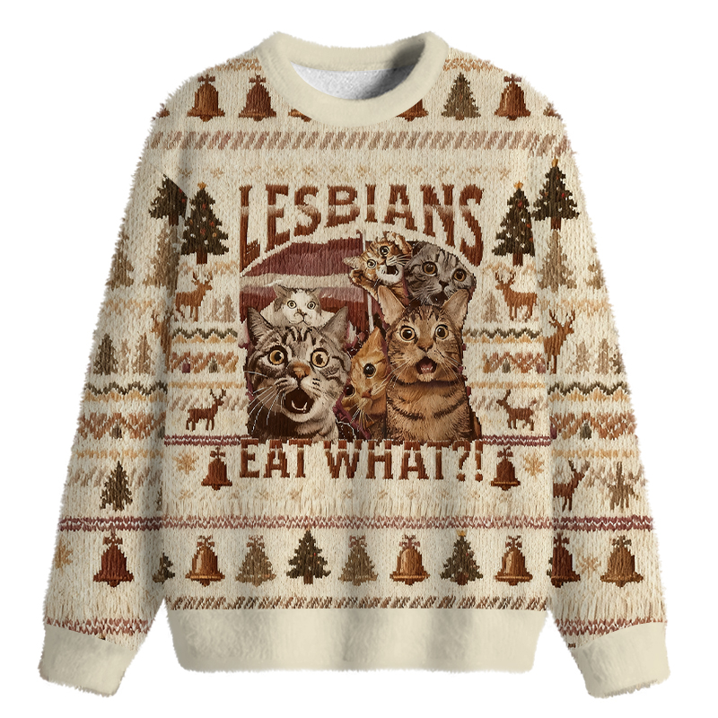 Tokyocanvas Lesbians Eat What?! Funny Fuzzy Christmas Ugly Sweatshirt