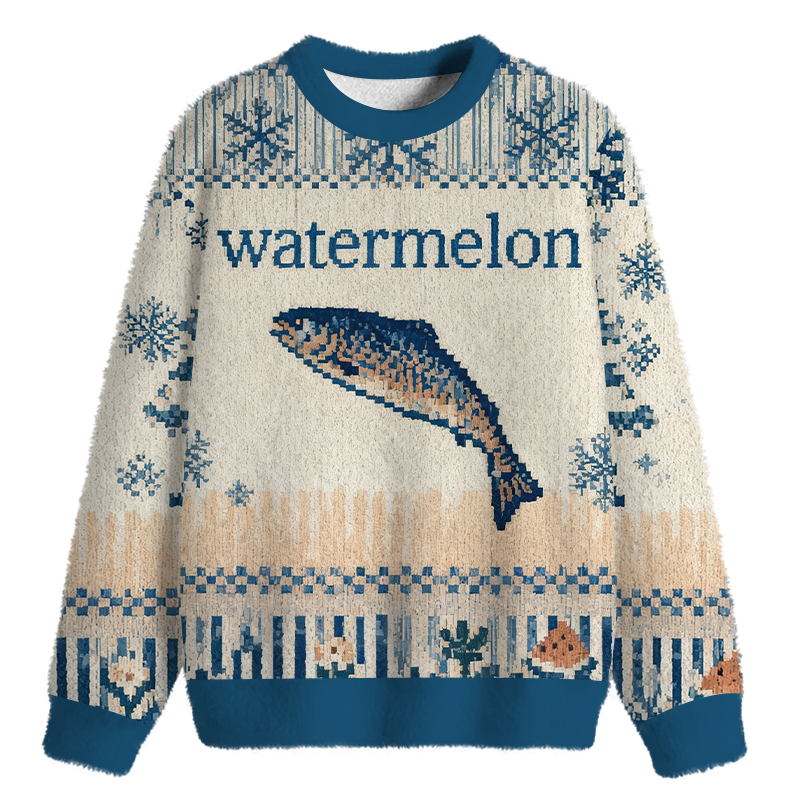 Tokyocanvas Watermelon Fish Fuzzy Christmas Ugly Sweatshirt