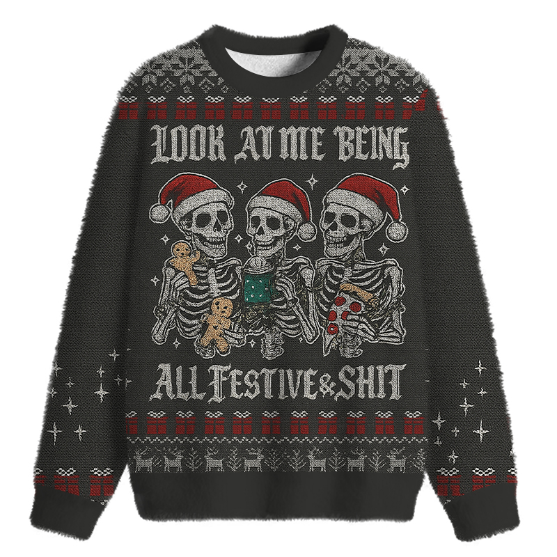 Tokyocanvas Look at Me Being Festive Skeleton Fuzzy Christmas Ugly Sweatshirt
