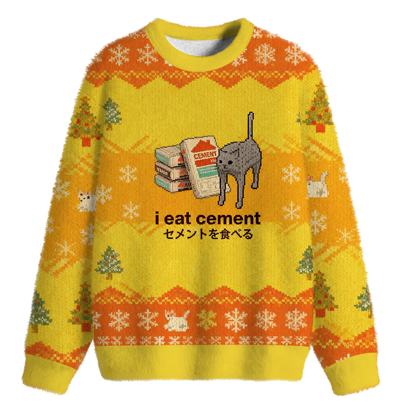 Tokyocanvas I Eat Cement Yellow Fuzzy Christmas Ugly Sweatshirt