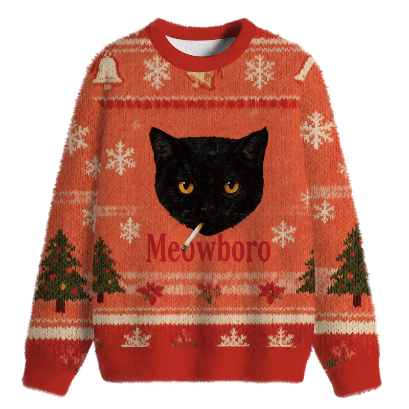 Tokyocanvas Smoking Black Cat Vintage Fuzzy Christmas Ugly Sweatshirt