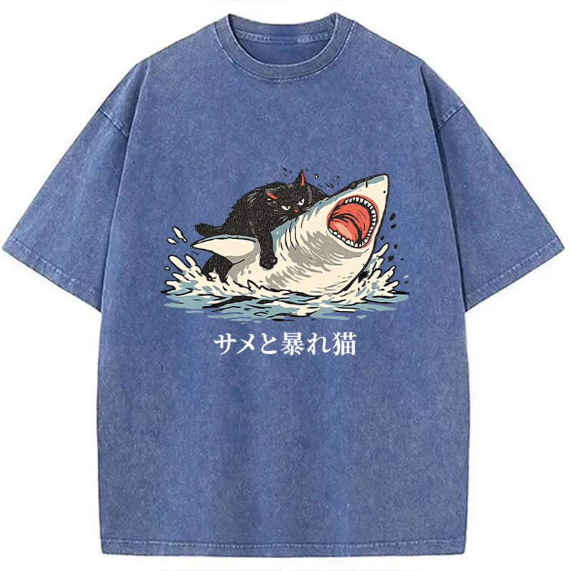 Tokyocanvas Fat Cat Vs Shark Washed T-Shirt