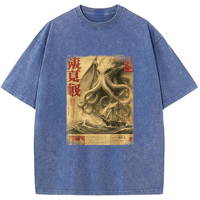 Tokyocanvas Cthulhu Kraken Vintage Japanese Sea Monster Newspaper Washed T-Shirt