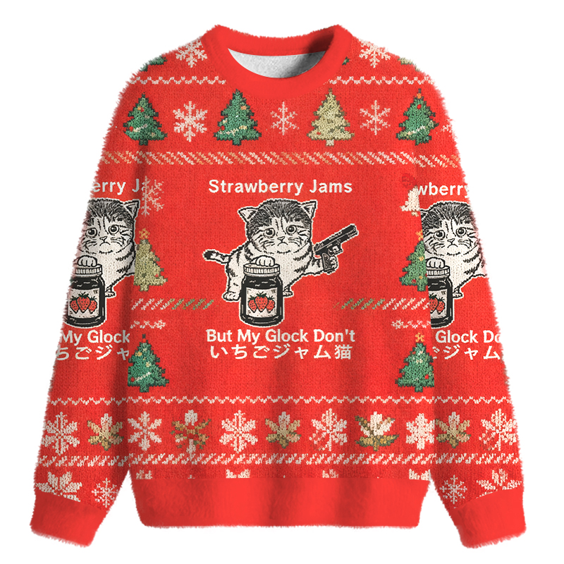 Tokyocanvas Strawberry Jam Cat Fuzzy Christmas Ugly Sweatshirt